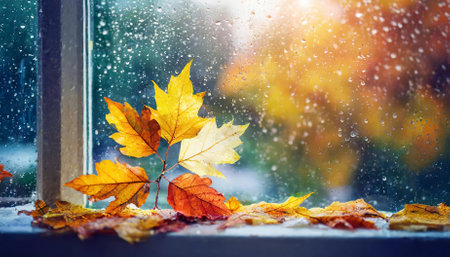 This image showcases a rainy day with colorful autumn leaves clinging to window glass, reflecting the peaceful ambiance of the fall season. Raindrops enhance the scene, creating a cozy andの素材