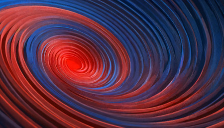 This visually striking image presents a captivating red and blue spiral pattern with a circular orbit rotation, set against a clean, abstract background, perfect for adding customizable textの素材