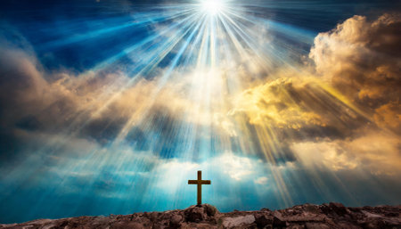 This stunning image captures a religious celestial sky enveloped in a divine glow, radiating serenity and spiritual energy. The aura of the soul exudes a profound sense of peace and connectionの素材