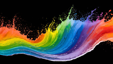 This stunning rainbow wave features a dynamic, colorful paint splash isolated on a transparent background. Ideal for graphic design, digital art, or creative visuals, it adds vibrant energy toの素材