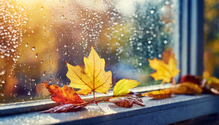 A captivating depiction of autumns charm, with rain-dappled glass framing vibrant fallen leaves outdoors. This imagery beautifully captures the peaceful, nostalgic atmosphere of a crisp, rainyの素材