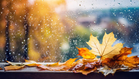 This image portrays a peaceful autumn day, featuring vibrant leaves scattered on window glass, blurred by raindrops, evoking the calming essence of fall and the soothing effect of nature'sの素材