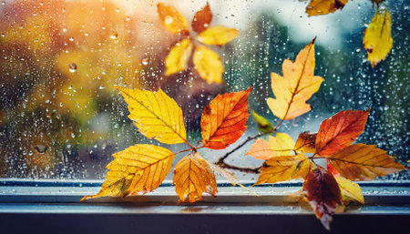 Experience the tranquil beauty of a rainy autumn day with golden leaves adorning window glass. This serene outdoor scene captures the essence of fall, blending the calming ambiance of rain withの素材