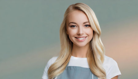 A captivating image of a smiling young woman with lush, well-groomed blonde hair, set against a pastel flat background. The serene, minimalistic composition enhances her vibrant, cheerfulの素材