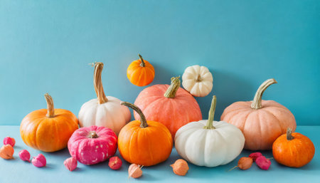 This captivating image showcases small orange, white, and pink pumpkins artfully placed on a pastel blue background. It radiates a playful autumn feel, blending soft colors with festiveの素材