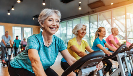 A vibrant senior woman with gray hair practices indoor sport, exuding happiness and health. Her slim, fit physique reflects her commitment to staying active, promoting a lifestyle of energy andの素材