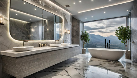 Experience the epitome of modern luxury in this sleek gray marble bathroom, illuminated with soft LED lighting. Featuring a stylish double vanity, freestanding tub, and exquisite craftsmanshipの素材
