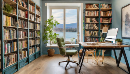 A sophisticated home office or library showcasing custom-built-in bookshelves, comfortable seating, and a thoughtful layout designed for productivity and relaxation. Perfectly suited for modernの素材