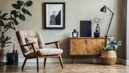 A modern Scandinavian living room showcasing a stylish armchair, black mock-up poster, natural wooden accents, and minimalist decor elements. This serene setup highlights cozy and elegant Nordicの素材