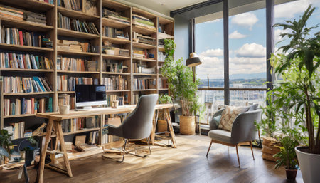 A chic home office or library setup showcasing custom-built bookshelves, inviting seating, and functional yet aesthetic design. Perfectly curated for comfort, productivity, and timeless elegance.の素材