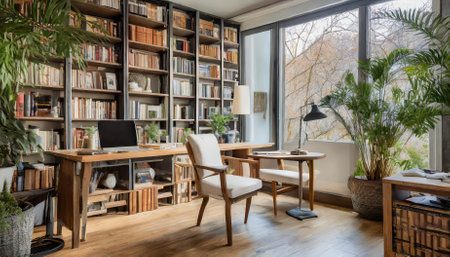 Explore a beautifully home office or library that blends functionality with elegance designed, showcasing custom-built bookshelves, inviting seating, and practical accents for a warm yetの素材