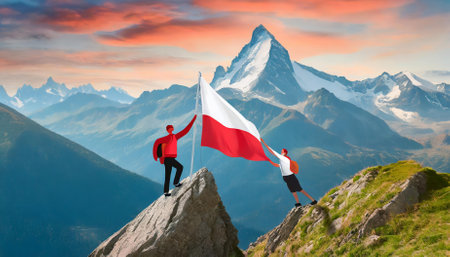 This image portrays a compelling teamwork concept where one man helps another reach the mountain peak, emphasizing trust, collaboration, and resilience as key elements in achieving shared goalsの素材