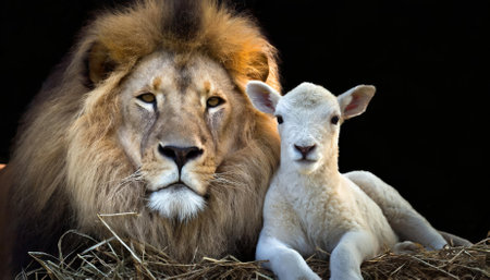 This image depicts a lion and a lamb together on a black background, blending themes of strength, peace, and spirituality. A visually striking composition illustrating profound harmony andの素材