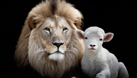 A captivating image titled The Lion and the Lamb Together, illustrating a profound message of peace and power. Set against a black background, this artistic creation radiates depth, meaning, andの素材