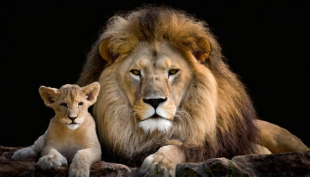 A powerful portrayal of the lion and lamb together on a black background, symbolizing unity, strength, and peace. This captivating visual embodies timeless themes of balance and coexistence.の素材