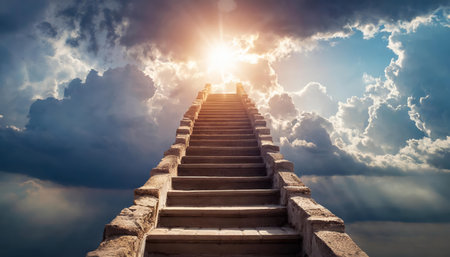 This artwork depicts the metaphorical ladder to heaven, illustrating the souls spiritual ascent. It conveys themes of enlightenment, transcendence, and divine connection, encapsulating humanityの素材