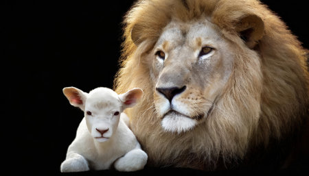 Experience the profound symbolism of The Lion and the Lamb Together, a captivating digital masterpiece showcasing harmony and strength, created with intricate textures on a dramatic blackの素材