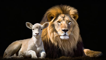 This striking image titled The Lion and the Lamb Together showcases a symbolic representation of power and serenity. The dramatic black background enhances the details, making it a compellingの素材