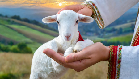 This conceptual image portrays the hands of Jesus Christ holding a lamb, reflecting themes of divine care, love, and spiritual protection. It evokes deep faith, compassion, and sereneの素材