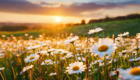 This mesmerizing image captures a tranquil field filled with blooming white daisies, glowing under the golden light of the setting sun. The lush green grass enhances the ethereal beauty of thisの素材