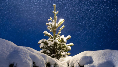 This captivating image portrays a snow-covered Christmas tree illuminated under a dark blue backdrop. The scene blends the quiet beauty of winter with holiday charm, evoking warmth and festiveの素材