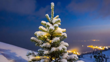 This enchanting image captures a snow-draped Christmas tree standing against a calm, dark blue sky. The striking contrast and serene atmosphere beautifully reflect the spirit of winter andの素材