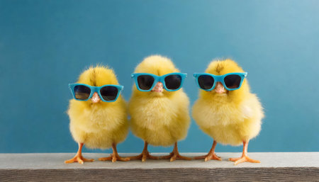 A charming Easter-inspired studio photo featuring three yellow chicks sporting trendy blue sunglasses against a vivid blue background. This delightful image captures the essence of spring funの素材
