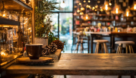 This coffee shop photograph captures a charming scene with a thoughtfully designed shelf and comfortable table arrangement, radiating coziness and inviting guests to work, relax, or enjoy a cupの素材