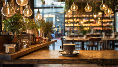 This captivating coffee shop photograph showcases a warm, rustic setup with a cozy shelf, a charming table arrangement, and natural lighting, creating an inviting atmosphere perfect for relaxingの素材