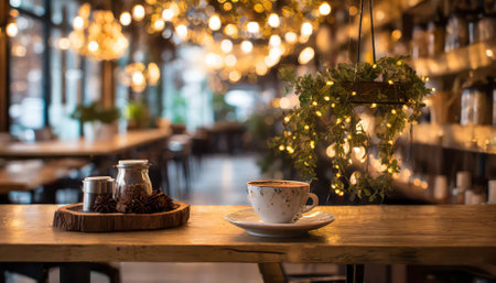 This beautifully captured coffee shop interior features a cozy shelf and table arrangement, exuding charm with its rustic-meets-modern decor. Perfect for creating a tranquil, welcomingの素材