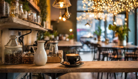 This image captures a stylish coffee shop corner with a cozy wooden shelf, charming table setup, and soft lighting, offering an ideal ambiance for enjoying coffee, reading, or working creatively.の素材