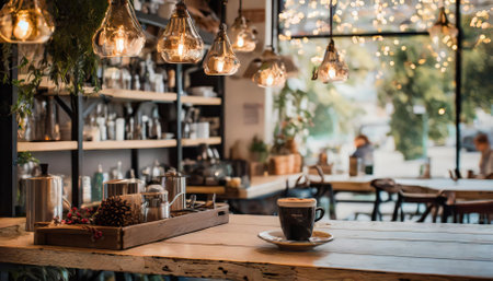 This captivating coffee shop photograph highlights a warm and cozy ambiance with a beautifully styled shelf and table setup, blending modern aesthetics and inviting charm, ideal for relaxing orの素材