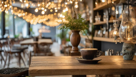 This stunning image captures the essence of a cozy coffee shop, featuring a beautifully arranged shelf and table setup that radiates warmth and charm, creating the perfect spot for relaxation orの素材