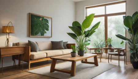 This minimalistic living room highlights a cozy wooden couch, a sleek modern table, and a vibrant indoor plant, creating a serene and elegant atmosphere ideal for modern, stylish, and functionalの素材