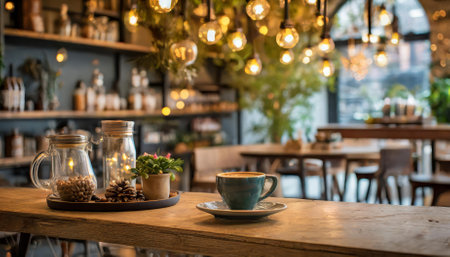This captivating coffee shop photograph showcases a cozy shelf and table arrangement with inviting rustic decor. The warm tones and charming ambiance create the perfect space for leisure orの素材