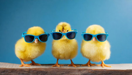 This delightful image features three charming yellow chicks sporting cool blue sunglasses, set against a lively blue studio background. The playful Easter-themed concept adds a touch of joy andの素材