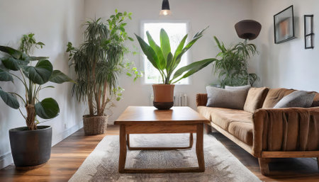This minimalist living room showcases a warm wooden couch, sleek modern table, vibrant indoor plant, and refined decor, all complemented by soft natural lighting to create an inviting,の素材