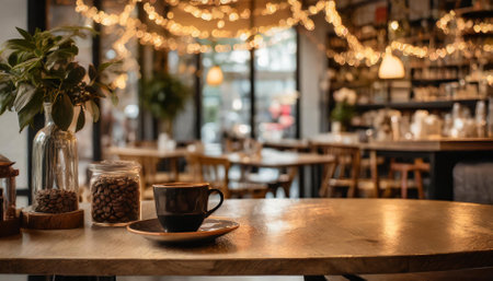 This captivating coffee shop photo features a cozy and thoughtfully arranged shelf with books and decor, paired with a simple yet inviting table setup, ideal for peaceful moments or friendlyの素材