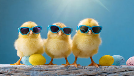 This image captures three cute yellow chicks sporting trendy blue sunglasses, set against a lively blue studio backdrop. A whimsical Easter theme perfect for celebrating springtime joy andの素材