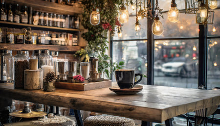 This captivating coffee shop photograph highlights a cozy shelf and table arrangement, designed for relaxation and productivity. With artistic decor and warm tones, it evokes a sense of comfortの素材