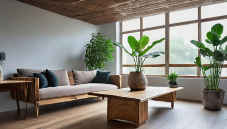This beautifully minimalistic living room design highlights a cozy wooden couch paired with a sleek modern table and lush indoor plants, offering a harmonious blend of comfort, elegance, andの素材