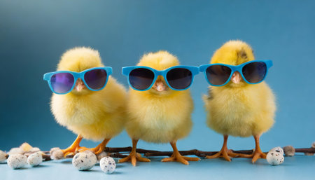 A delightful image of three charming yellow chicks wearing fashionable blue sunglasses, set against a vivid studio blue background. This vibrant photo evokes fun, style, and the festive joy ofの素材