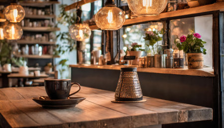 This enchanting coffee shop image highlights a beautifully arranged shelf and table setup, radiating warmth and charm. Perfectly lit, it creates an ideal atmosphere for unwinding or sparkingの素材