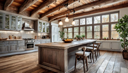 Explore the timeless beauty of this traditional kitchen, set in a luxurious new home. It showcases warm hardwood floors, stunning wood beams, and a spacious design with a large island, creatingの素材