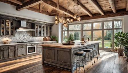 Experience the charm of a traditional kitchen in this luxury home, boasting pristine hardwood floors, rich wood beams, and a grand, open design. Perfectly crafted to merge timeless style withの素材