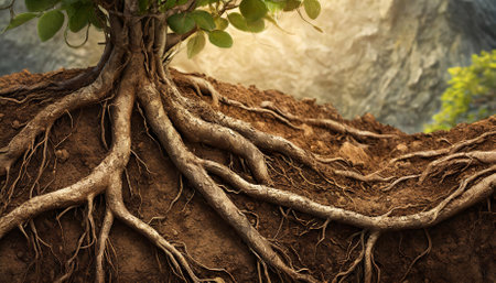 An intricately illustrated showcasing tree roots deeply embedded in soil, revealing the underground texture and interconnected networks vital for ecosystems, plant health, and nutrient exchangeの素材