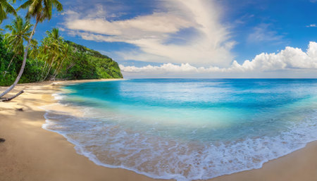 A breathtaking tropical beach panorama featuring azure waves gently meeting golden sands under a vibrant, sunny sky. The wide horizon emphasizes the serene and unspoiled beauty of this idyllicの素材