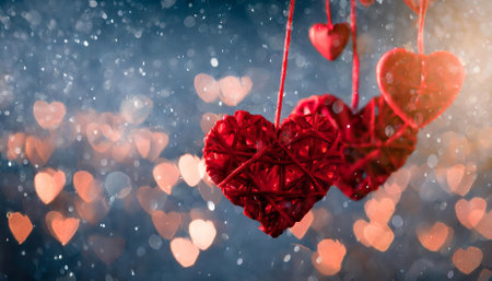 This Valentine's Day background banner features an abstract panorama design with vibrant red hearts and dreamy textures, ideal for romantic themes, advertising materials, and celebratoryの素材