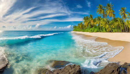 Explore the allure of a tropical beach panorama with endless azure waters meeting golden sands. A vivid horizon stretches under clear, sunny skies, evoking serenity and natures beauty in thisの素材