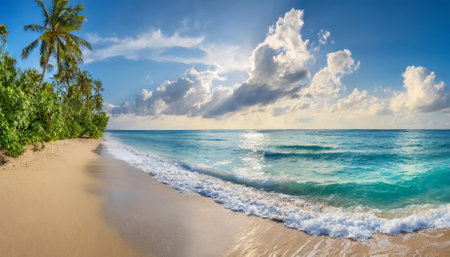 Experience the tranquil beauty of a tropical beach panorama, featuring an expansive horizon, vibrant turquoise waters, soft sandy shores, and a serene atmosphere bathed in radiant sunlight underの素材